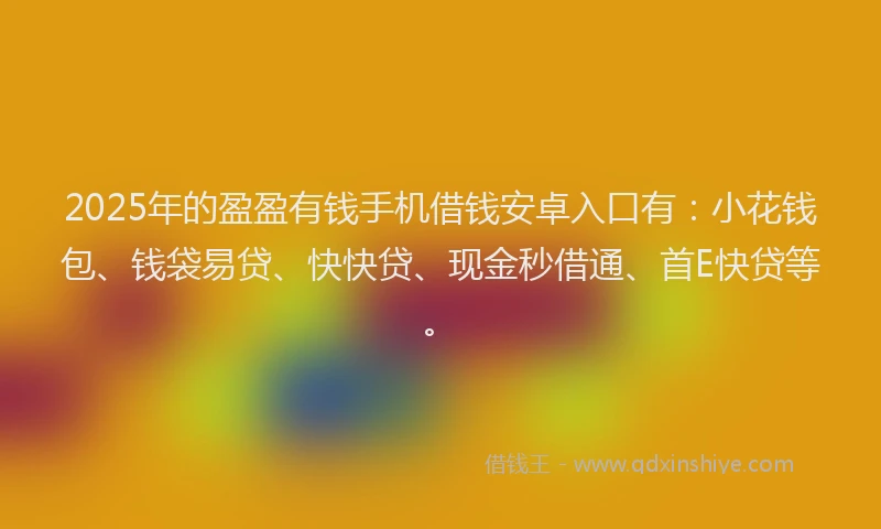 2025年的盈盈有钱手机借钱安卓入口有：小花钱包、钱袋易贷、快快贷、现金秒借通、首E快贷等。