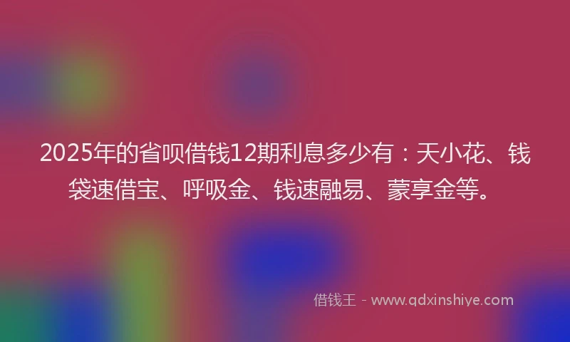 2025年的省呗借钱12期利息多少有：天小花、钱袋速借宝、呼吸金、钱速融易、蒙享金等。