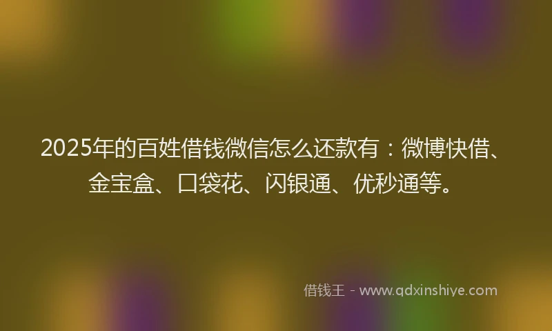 2025年的百姓借钱微信怎么还款有：微博快借、金宝盒、口袋花、闪银通、优秒通等。