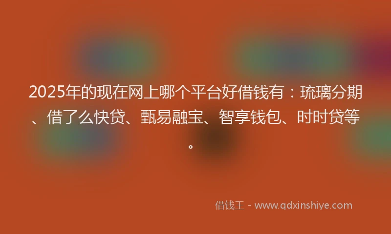 2025年的现在网上哪个平台好借钱有：琉璃分期、借了么快贷、甄易融宝、智享钱包、时时贷等。