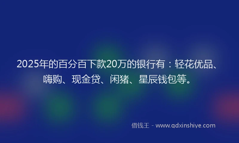 2025年的百分百下款20万的银行有：轻花优品、嗨购、现金贷、闲猪、星辰钱包等。