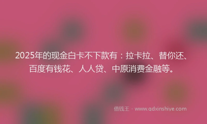 2025年的现金白卡不下款有：拉卡拉、替你还、百度有钱花、人人贷、中原消费金融等。