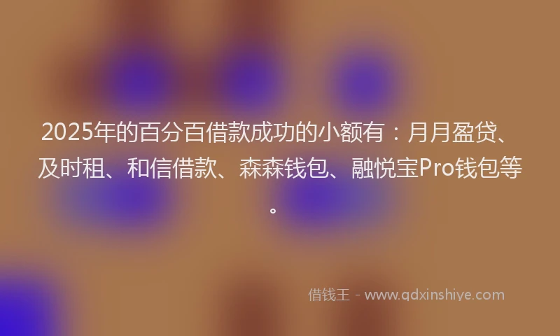 2025年的百分百借款成功的小额有：月月盈贷、及时租、和信借款、森森钱包、融悦宝Pro钱包等。