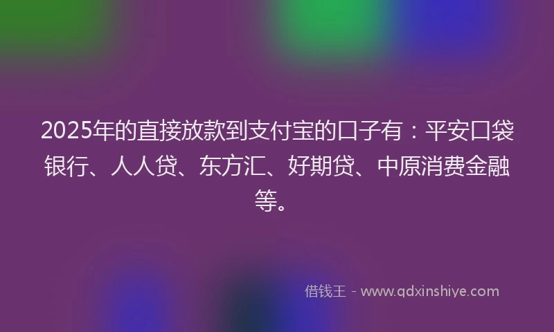 2025年的直接放款到支付宝的口子有：平安口袋银行、人人贷、东方汇、好期贷、中原消费金融等。