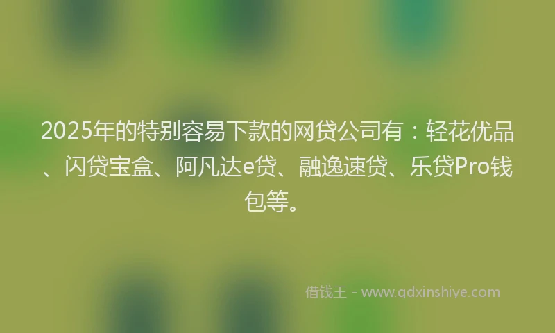 2025年的特别容易下款的网贷公司有：轻花优品、闪贷宝盒、阿凡达e贷、融逸速贷、乐贷Pro钱包等。