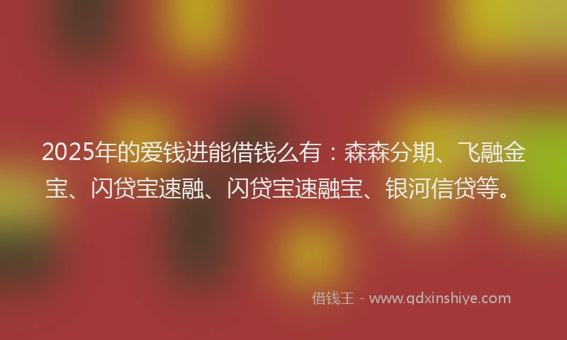 2025年的爱钱进能借钱么有：森森分期、飞融金宝、闪贷宝速融、闪贷宝速融宝、银河信贷等。