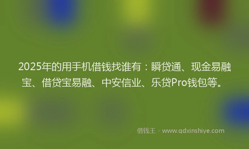 2025年的用手机借钱找谁有：瞬贷通、现金易融宝、借贷宝易融、中安信业、乐贷Pro钱包等。