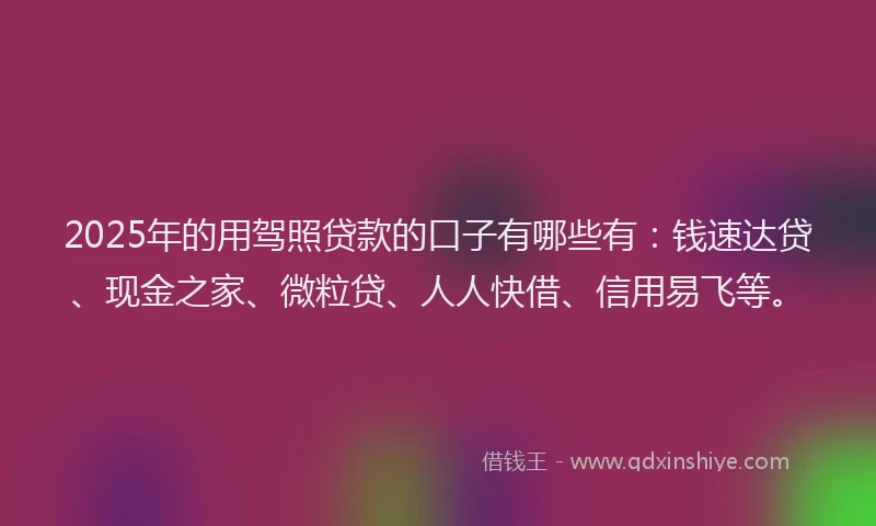 2025年的用驾照贷款的口子有哪些有：钱速达贷、现金之家、微粒贷、人人快借、信用易飞等。