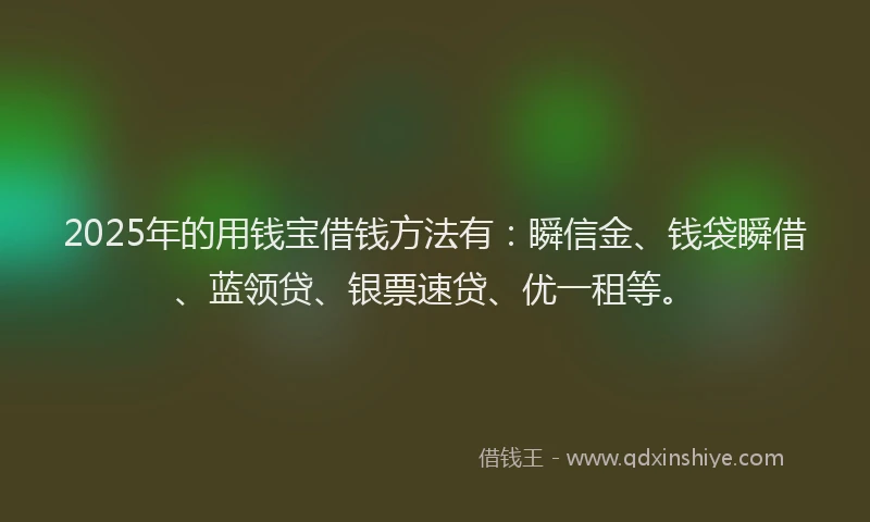 2025年的用钱宝借钱方法有：瞬信金、钱袋瞬借、蓝领贷、银票速贷、优一租等。