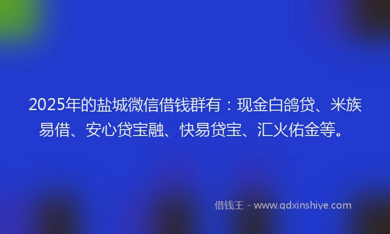 2025年的盐城微信借钱群有：现金白鸽贷、米族易借、安心贷宝融、快易贷宝、汇火佑金等。
