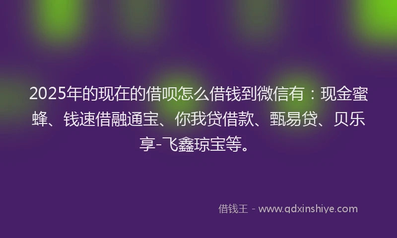 2025年的现在的借呗怎么借钱到微信有：现金蜜蜂、钱速借融通宝、你我贷借款、甄易贷、贝乐享-飞鑫琼宝等。