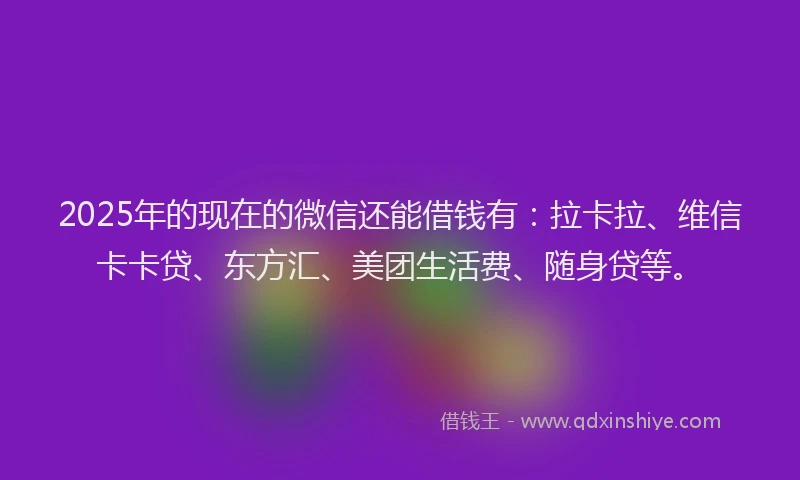2025年的现在的微信还能借钱有：拉卡拉、维信卡卡贷、东方汇、美团生活费、随身贷等。