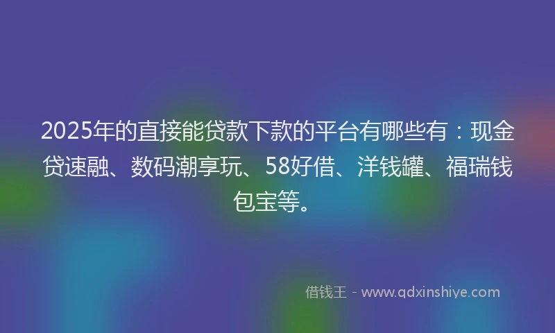2025年的直接能贷款下款的平台有哪些有：现金贷速融、数码潮享玩、58好借、洋钱罐、福瑞钱包宝等。