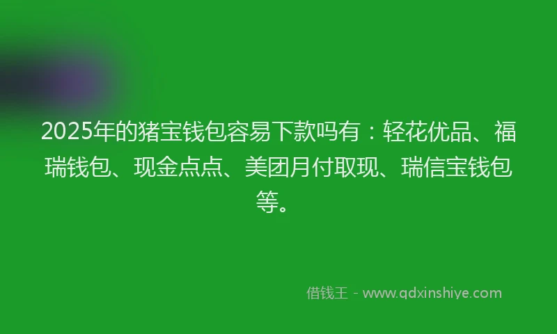 2025年的猪宝钱包容易下款吗有：轻花优品、福瑞钱包、现金点点、美团月付取现、瑞信宝钱包等。