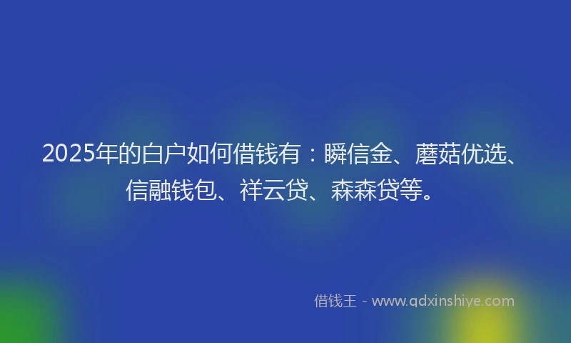 2025年的白户如何借钱有：瞬信金、蘑菇优选、信融钱包、祥云贷、森森贷等。