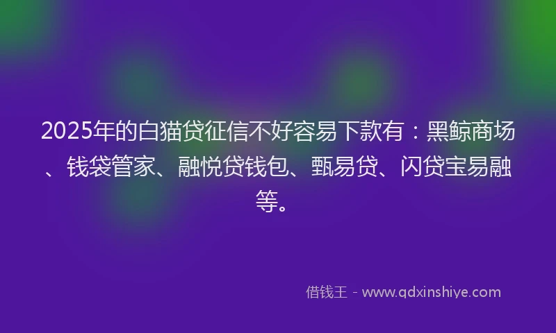 2025年的白猫贷征信不好容易下款有：黑鲸商场、钱袋管家、融悦贷钱包、甄易贷、闪贷宝易融等。