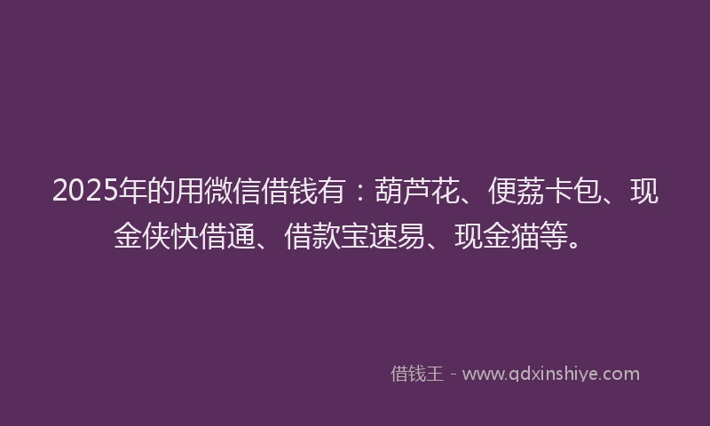 2025年的用微信借钱有：葫芦花、便荔卡包、现金侠快借通、借款宝速易、现金猫等。