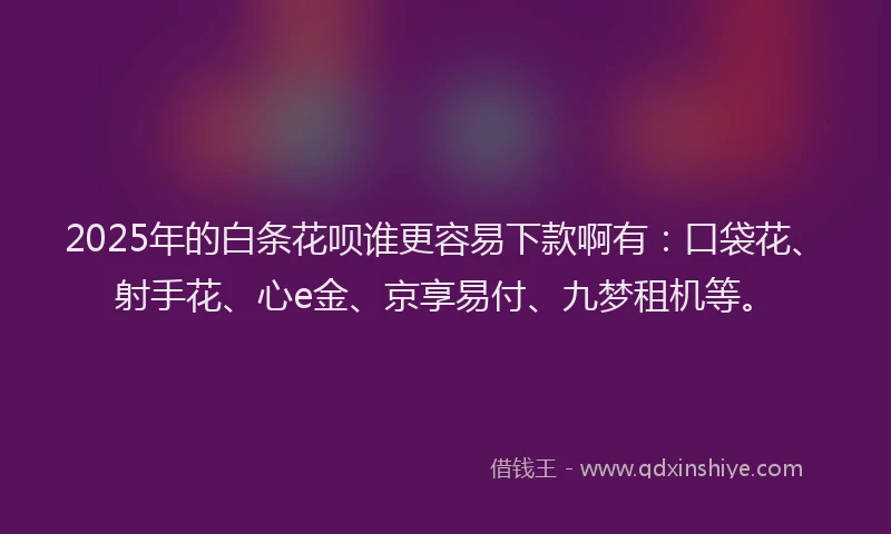 2025年的白条花呗谁更容易下款啊有：口袋花、射手花、心e金、京享易付、九梦租机等。