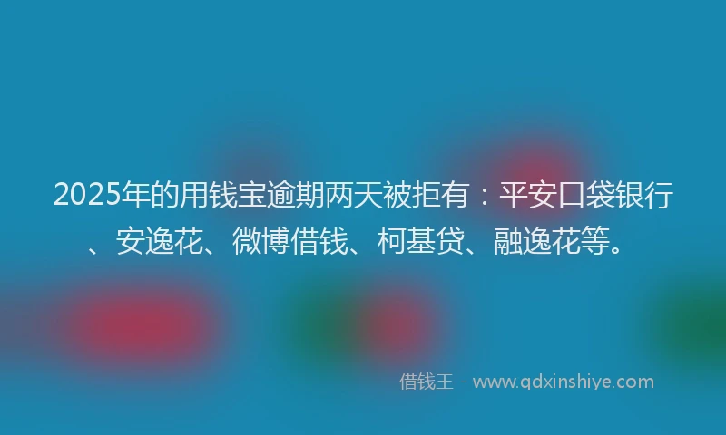 2025年的用钱宝逾期两天被拒有：平安口袋银行、安逸花、微博借钱、柯基贷、融逸花等。