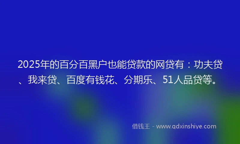 2025年的百分百黑户也能贷款的网贷有：功夫贷、我来贷、百度有钱花、分期乐、51人品贷等。