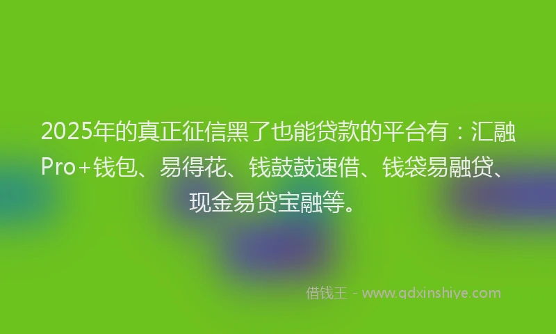 2025年的真正征信黑了也能贷款的平台有：汇融Pro+钱包、易得花、钱鼓鼓速借、钱袋易融贷、现金易贷宝融等。