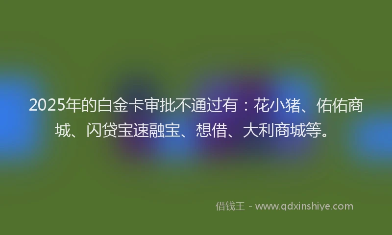 2025年的白金卡审批不通过有：花小猪、佑佑商城、闪贷宝速融宝、想借、大利商城等。