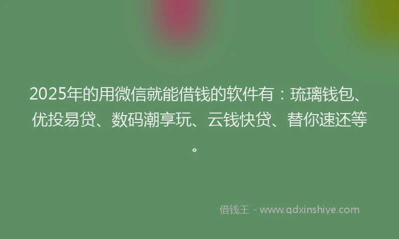 2025年的用微信就能借钱的软件有：琉璃钱包、优投易贷、数码潮享玩、云钱快贷、替你速还等。