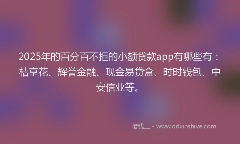 2025年的百分百不拒的小额贷款app有哪些有：桔享花、辉誉金融、现金易贷盒、时时钱包、中安信业等。