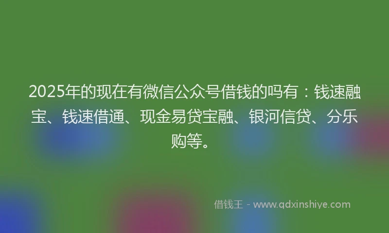 2025年的现在有微信公众号借钱的吗有：钱速融宝、钱速借通、现金易贷宝融、银河信贷、分乐购等。