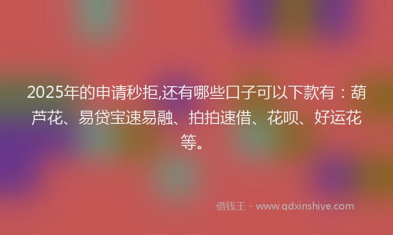 2025年的申请秒拒,还有哪些口子可以下款有：葫芦花、易贷宝速易融、拍拍速借、花呗、好运花等。