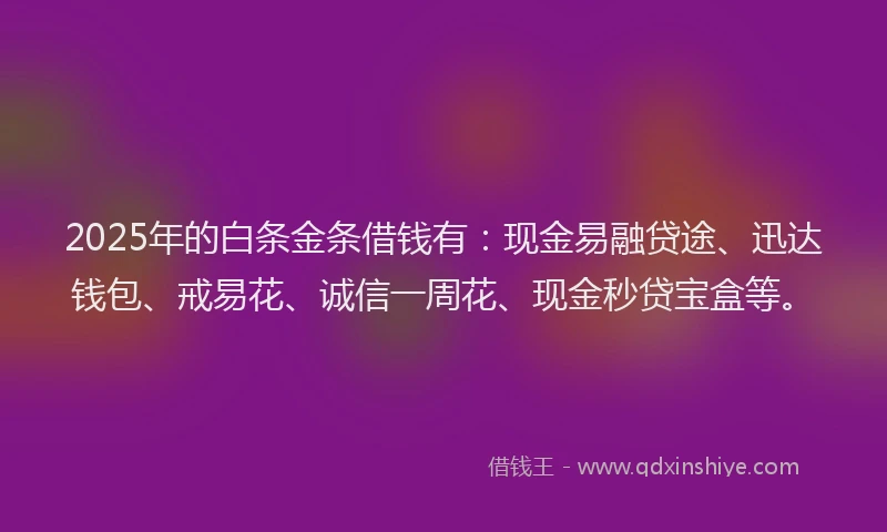 2025年的白条金条借钱有：现金易融贷途、迅达钱包、戒易花、诚信一周花、现金秒贷宝盒等。