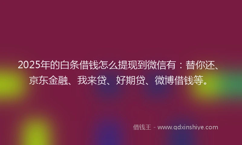 2025年的白条借钱怎么提现到微信有：替你还、京东金融、我来贷、好期贷、微博借钱等。