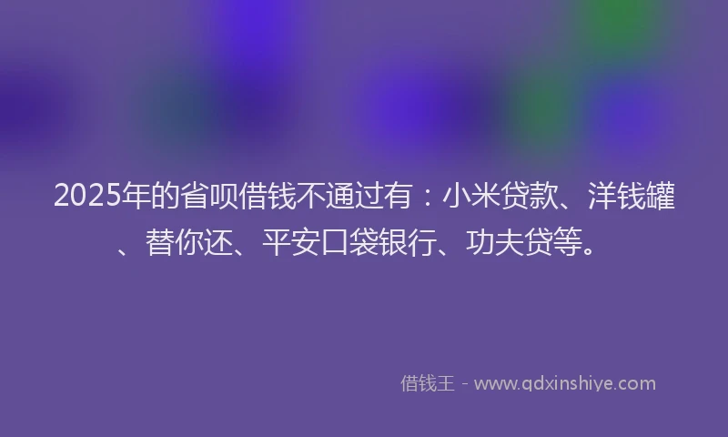 2025年的省呗借钱不通过有：小米贷款、洋钱罐、替你还、平安口袋银行、功夫贷等。