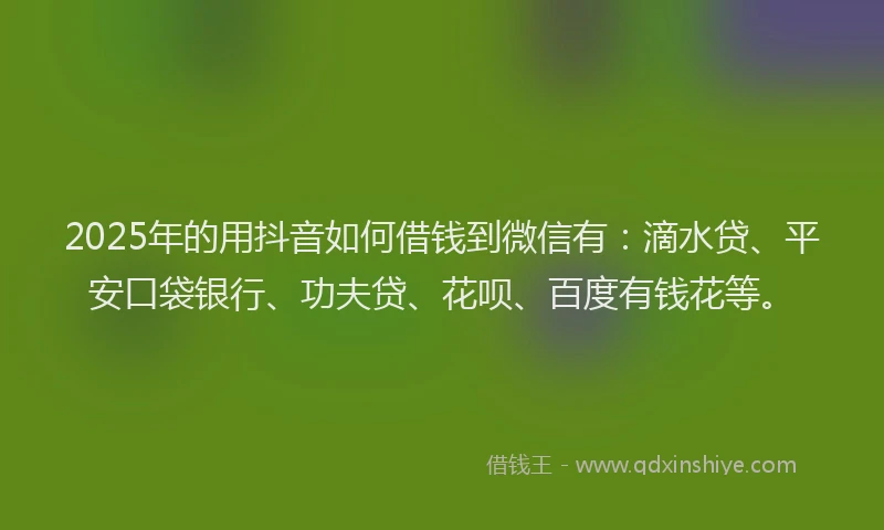 2025年的用抖音如何借钱到微信有：滴水贷、平安口袋银行、功夫贷、花呗、百度有钱花等。