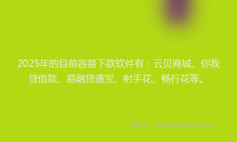 2025年的目前容易下款软件有：云贝商城、你我贷借款、易融贷通宝、射手花、畅行花等。