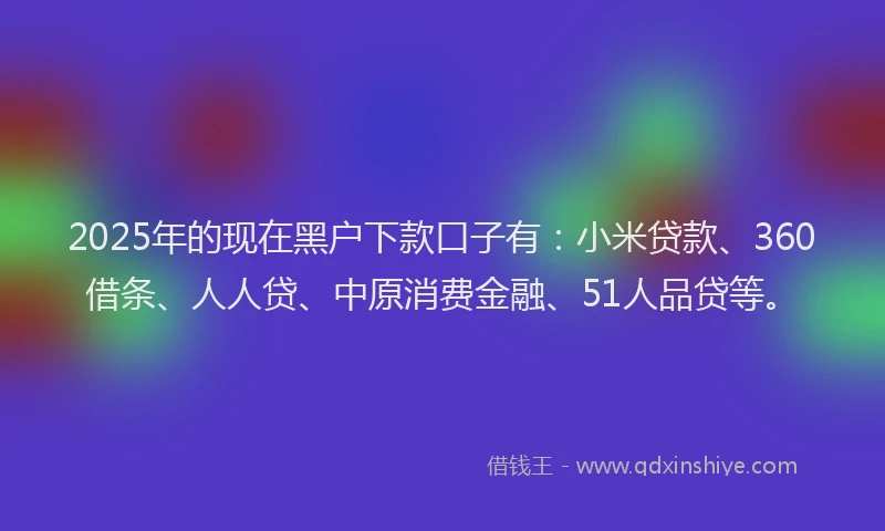 2025年的现在黑户下款口子有：小米贷款、360借条、人人贷、中原消费金融、51人品贷等。