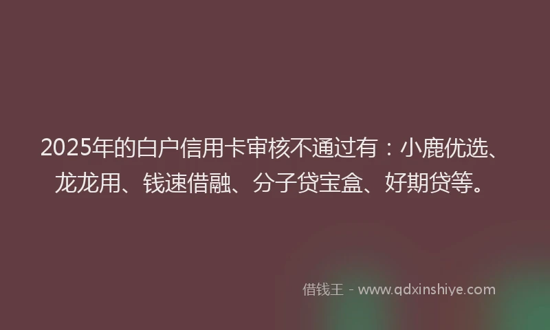 2025年的白户信用卡审核不通过有：小鹿优选、龙龙用、钱速借融、分子贷宝盒、好期贷等。