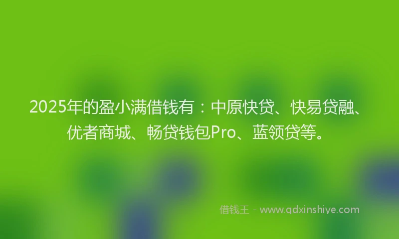 2025年的盈小满借钱有：中原快贷、快易贷融、优者商城、畅贷钱包Pro、蓝领贷等。