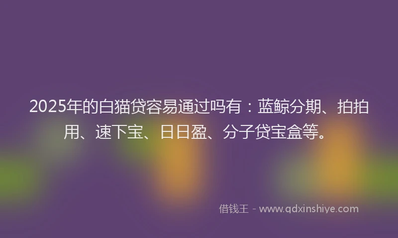 2025年的白猫贷容易通过吗有：蓝鲸分期、拍拍用、速下宝、日日盈、分子贷宝盒等。