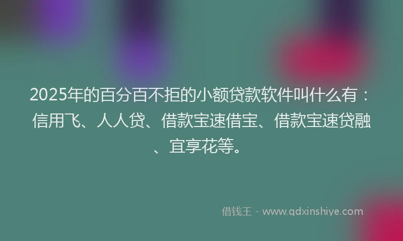 2025年的百分百不拒的小额贷款软件叫什么有：信用飞、人人贷、借款宝速借宝、借款宝速贷融、宜享花等。