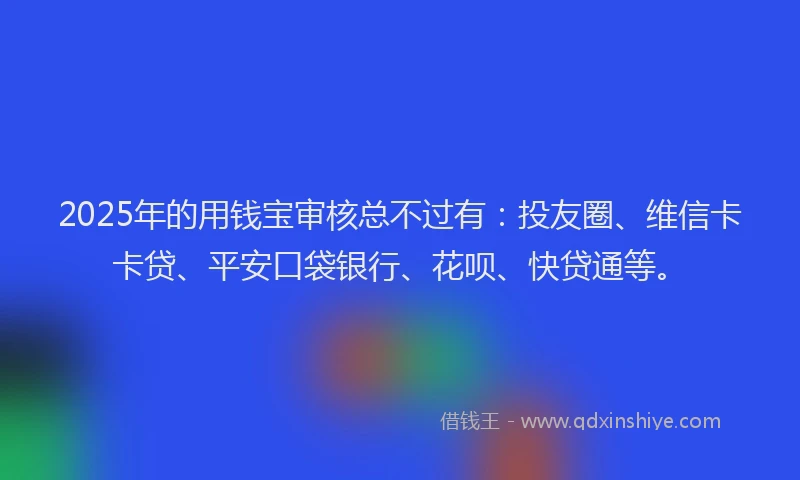 2025年的用钱宝审核总不过有：投友圈、维信卡卡贷、平安口袋银行、花呗、快贷通等。
