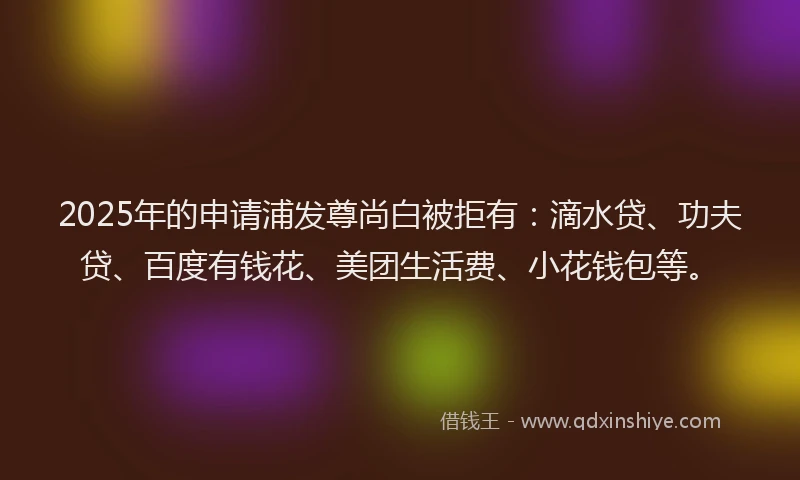 2025年的申请浦发尊尚白被拒有：滴水贷、功夫贷、百度有钱花、美团生活费、小花钱包等。