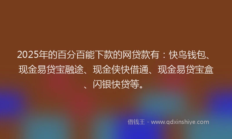 2025年的百分百能下款的网贷款有：快鸟钱包、现金易贷宝融途、现金侠快借通、现金易贷宝盒、闪银快贷等。