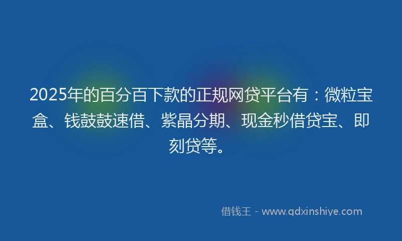 2025年的百分百下款的正规网贷平台有：微粒宝盒、钱鼓鼓速借、紫晶分期、现金秒借贷宝、即刻贷等。