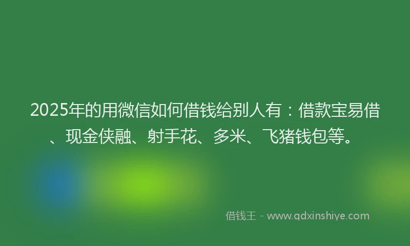 2025年的用微信如何借钱给别人有：借款宝易借、现金侠融、射手花、多米、飞猪钱包等。