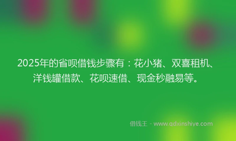2025年的省呗借钱步骤有：花小猪、双喜租机、洋钱罐借款、花呗速借、现金秒融易等。