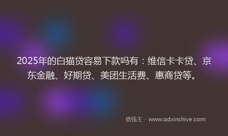 2025年的白猫贷容易下款吗有：维信卡卡贷、京东金融、好期贷、美团生活费、惠商贷等。