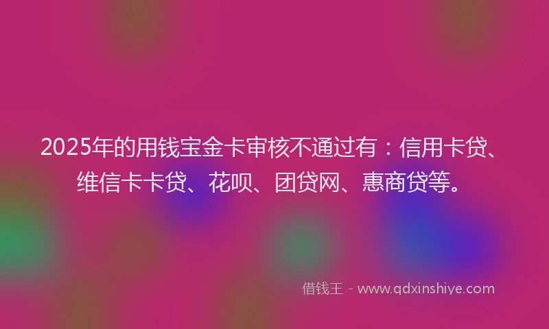 2025年的用钱宝金卡审核不通过有：信用卡贷、维信卡卡贷、花呗、团贷网、惠商贷等。