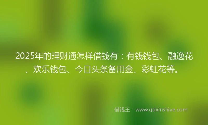 2025年的理财通怎样借钱有：有钱钱包、融逸花、欢乐钱包、今日头条备用金、彩虹花等。
