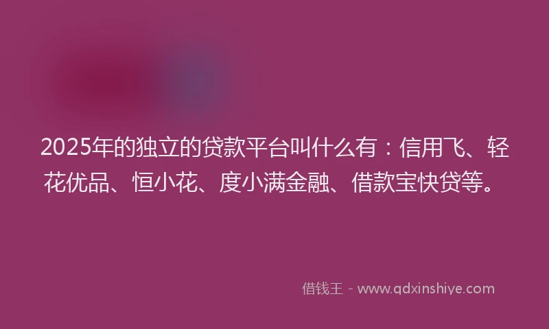 2025年的独立的贷款平台叫什么有：信用飞、轻花优品、恒小花、度小满金融、借款宝快贷等。